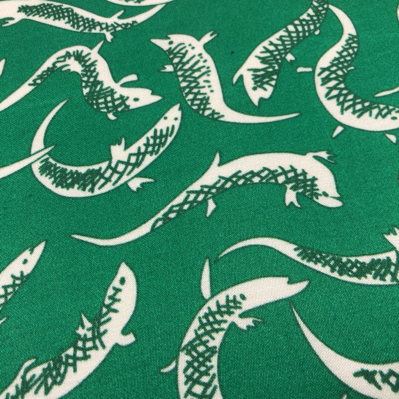 Customized pattern digital printing green jumping fish printed viscose rayon satin fabrics for making clothes