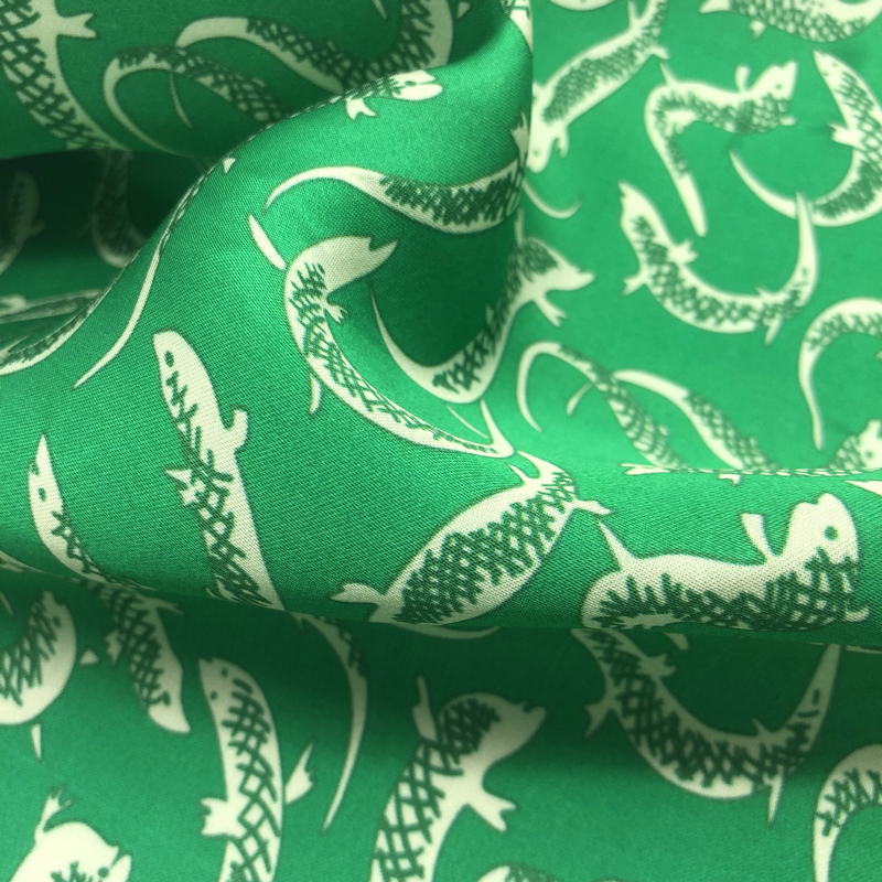 Customized pattern digital printing green jumping fish printed viscose rayon satin fabrics for making clothes